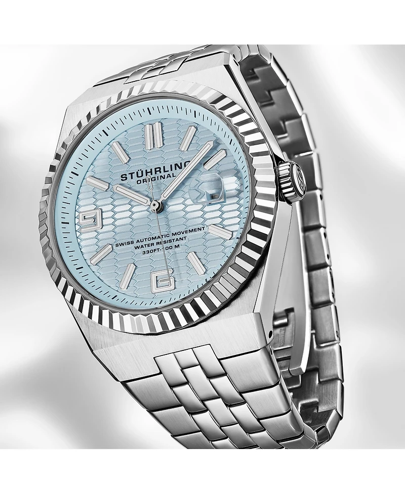 Stuhrling Original Men s Sentinel Swiss Automatic 42mm Stainless Steel Bracelet Watch with Guilloche Dial