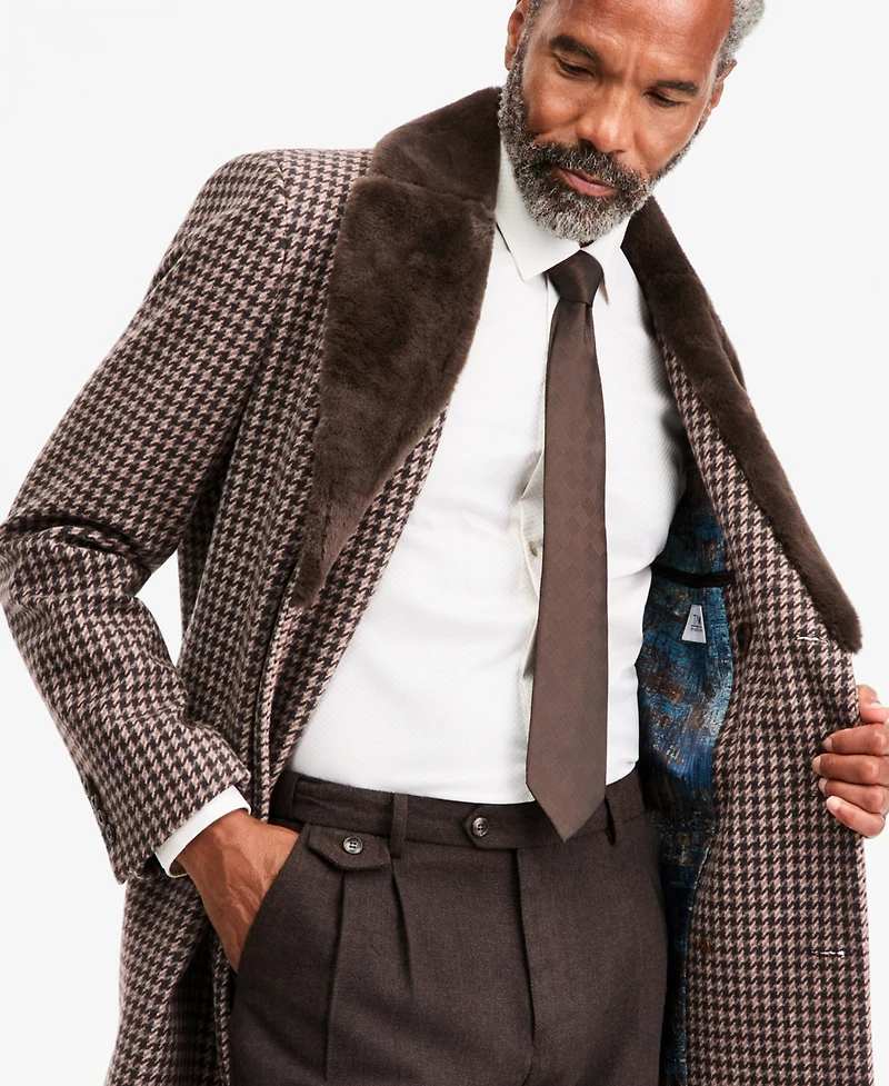Tayion Collection Men's Regular Fit Tan Houndstooth Double-Breasted Overcoat