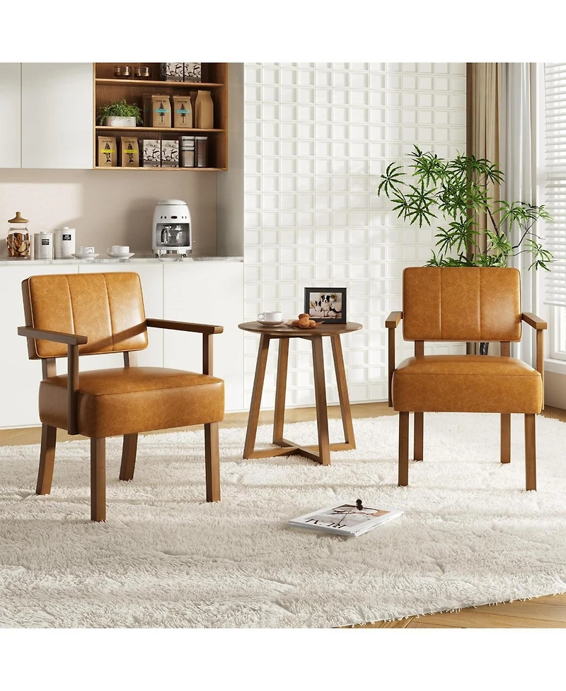 gaomon Set of 2 Mid Century Accent Chairs, Retro Faux Leather Armchairs with Vertical Tufted Back, Upholstered Lounge Chair Set with Wood Frame
