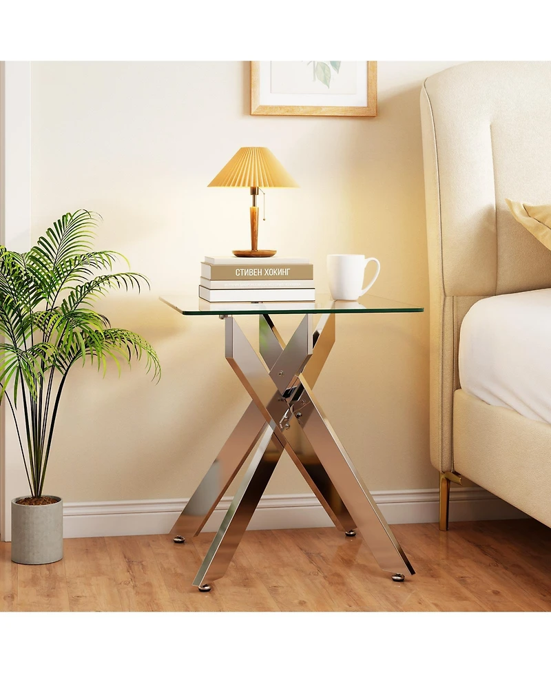 Slickblue Modern Square End Table with Tempered Glass Top and Metal X Frame Base-Silver
