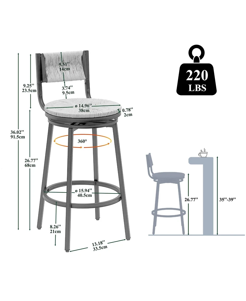 flynama Honey Paper Rope Handwoven Swivel Bar Stools Set of 2 with Back