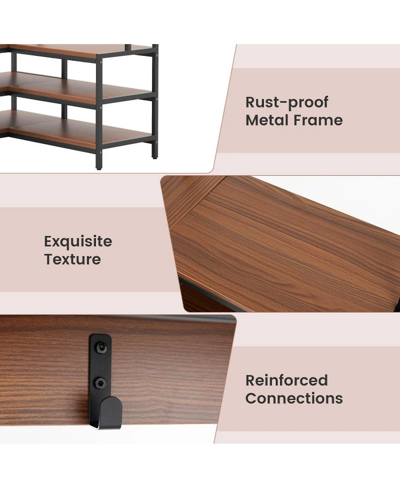 Gouun L-Shaped Corner Hall Tree with 7 Hooks, Shelves and Shoe Bench