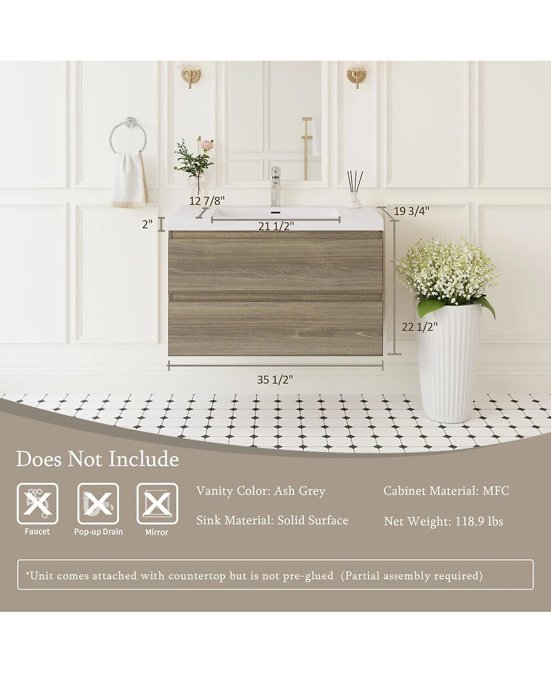 Sillysis Wall Mounted Bathroom Vanity with Resin Sink, Soft Close Drawers, Modern Storage Cabinet, Easy Installation