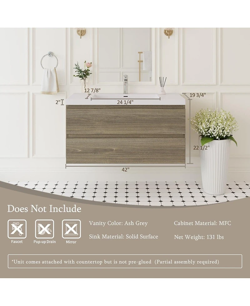 Sillysis Wall Mounted Bathroom Vanity with Resin Sink, Soft Close Drawers, Modern Storage Cabinet, Easy Installation