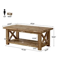 Tribesigns Solid Wood Coffee Table with X-Frame Side, 2-Tier Farmhouse Rectangular Center Table for Living Room, Accent Cocktail Tea Table