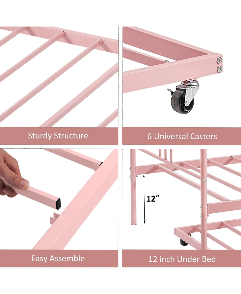 homfan Metal Daybed with Trundle, Pull-Out Guest Bed Frame 6 Casters and Steel Slat Support for Bedroom or Living Room