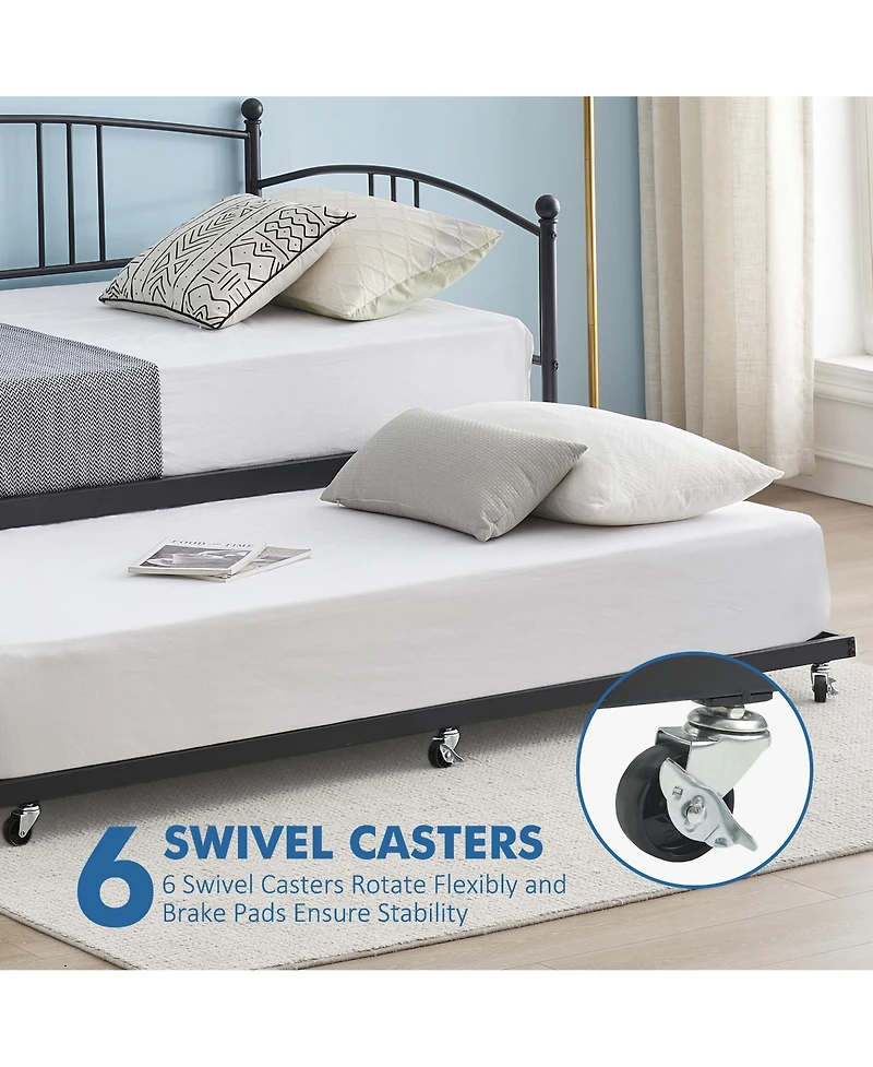 homfan Metal Daybed with Trundle, Pull-Out Guest Bed Frame 6 Casters and Steel Slat Support for Bedroom or Living Room
