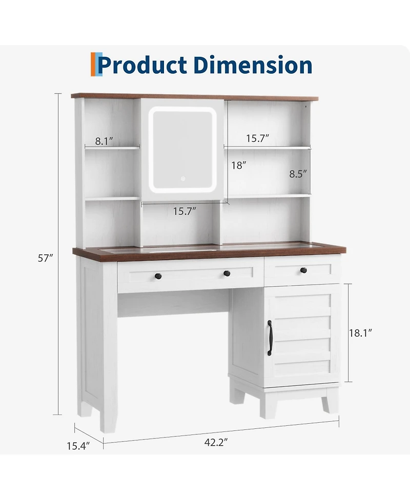 gaomon 42" Farmhouse Makeup Vanity Set with Lighted Mirror, Charging Station, Glass Top, Storage & Stool