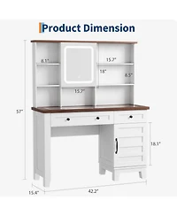 gaomon 42" Farmhouse Makeup Vanity Set with Lighted Mirror, Charging Station, Glass Top, Storage & Stool