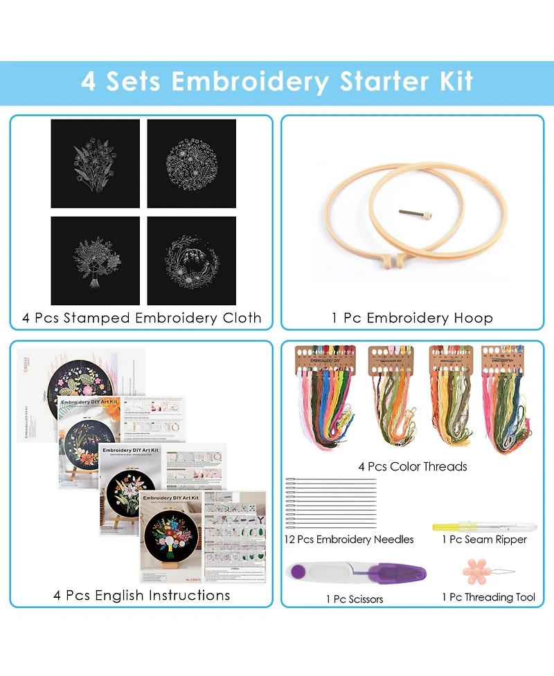 Gnuadz 4 Sets Embroidery Kit Floral Cross Stitch Cloth Hoops Threads