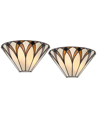 Regency Hill Filton Tiffany Style Wall Light Sconces Set of 2 Bronze Hardwire 12 1/4" Fixture Art Glass for Bedroom Bathroom Vanity House