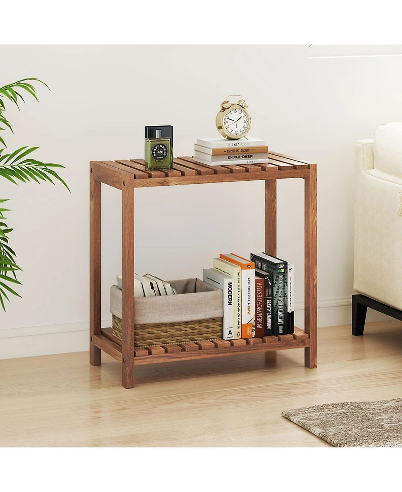 Gymax 2 pieces 2-Tier Side Table Teak Wood Stand Utility Storage Shelf Entryway Bench