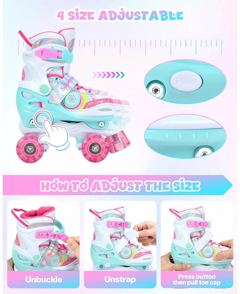 Sportneer Kids Roller Skates 4 Size Adjustable 8 Flash Led Wheels with Gear for Ages 3-12 Xs Foot Length 5.7 to 6.3 Inch Indoor Outdoor