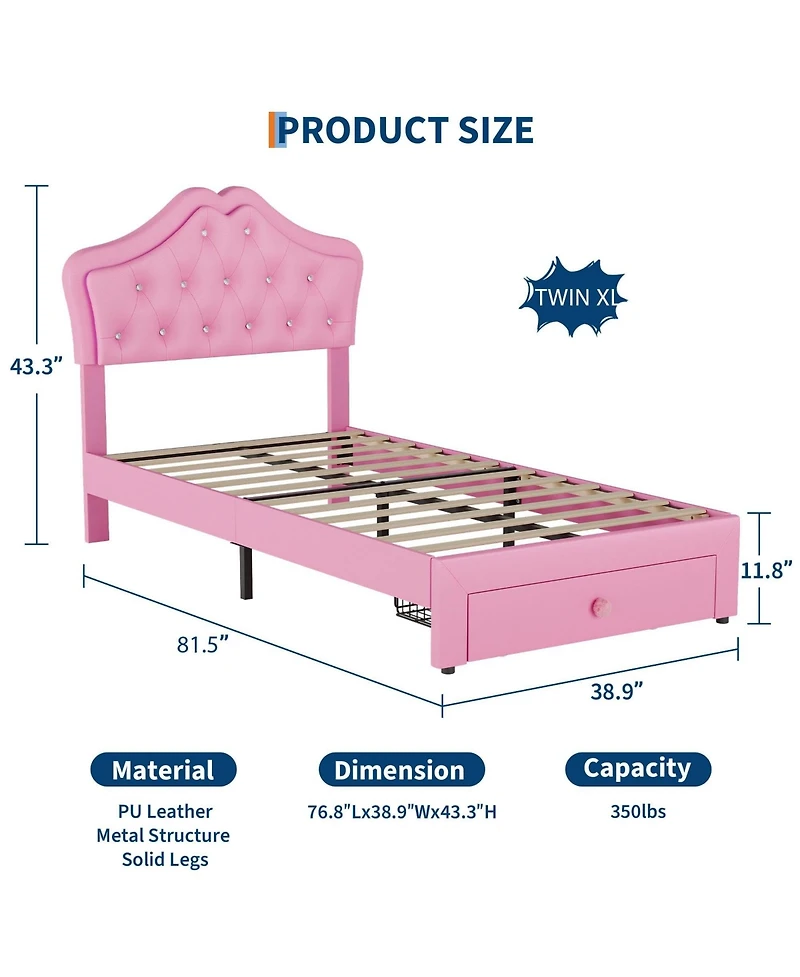 gaomon Upholstered Platform Bed Frame with Led Lights, Crystal Tufted Headboard, Storage Drawer, Noise-Free Slats