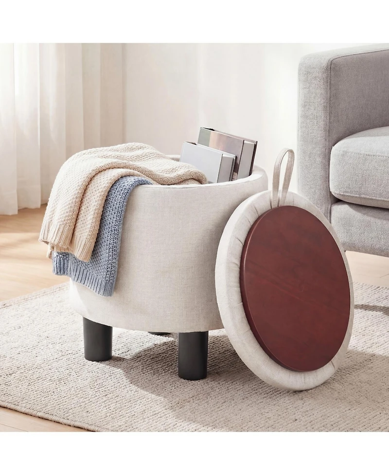 Slickblue Linen Fabric Storage Ottoman Round Footrest Stool