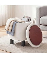 Slickblue Linen Fabric Storage Ottoman Round Footrest Stool