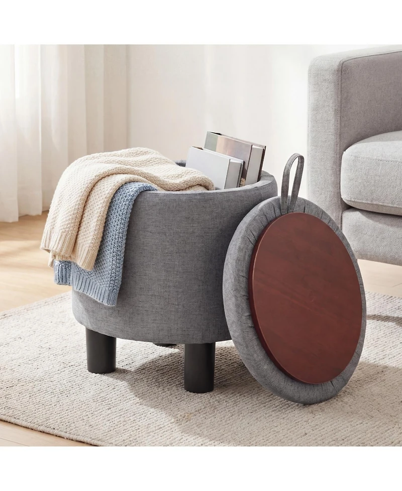 Slickblue Linen Fabric Storage Ottoman Round Footrest Stool