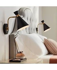 360 Lighting Venice Mid Century Modern Wall Lamps Set of 2 Matte Black Brass Plug-in 6 1/4" Light Fixture Cone Shade for Bedroom Reading Living Room