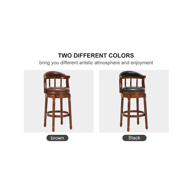 flynama Genuine Cow Top Leather Wooden Swivel Bar Stool, 29.5" Height