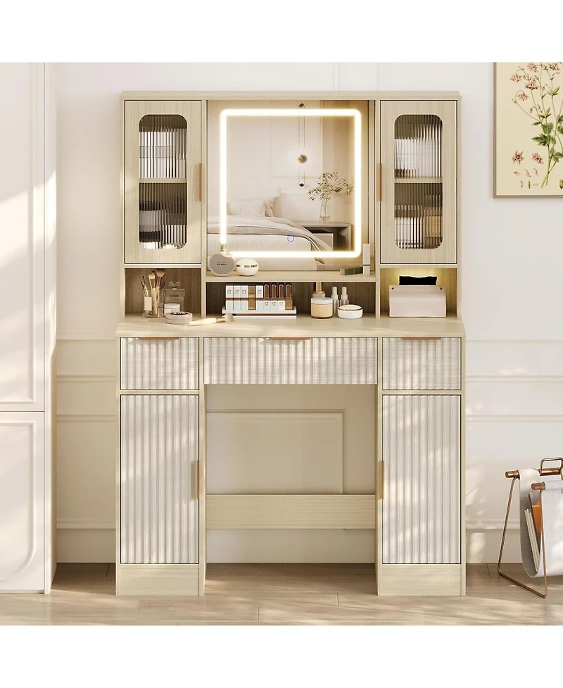 Homfan Vanity Desk with Mirror and Adjustable Led Lights, 2 Glass Cabinets, 2 Spacious Cabinets, 3 Wavy Drawers, Makeup Dressing Table for Bedroom