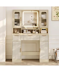 Homfan Vanity Desk with Mirror and Adjustable Led Lights, 2 Glass Cabinets, 2 Spacious Cabinets, 3 Wavy Drawers, Makeup Dressing Table for Bedroom