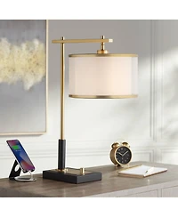 Possini Euro Design Hayven 23 1/2" High Small Mid Century Modern Desk Lamp with Dual Usb Ports Black Warm Gold Metal Charging
