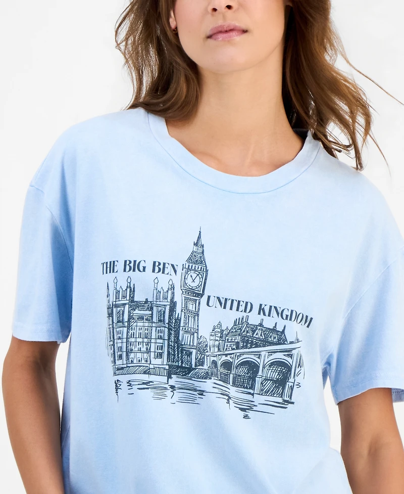 Rebellious One Juniors' Cotton London Big Ben Mineral-Wash Tee