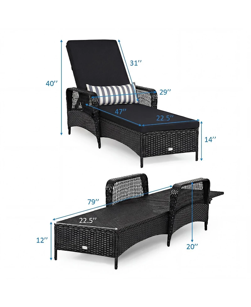 Outdoor Wicker Chaise Lounge with Adjustable Backrest, Cushion and Head Pillow-Black