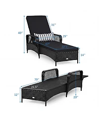 Outdoor Wicker Chaise Lounge with Adjustable Backrest, Cushion and Head Pillow-Black