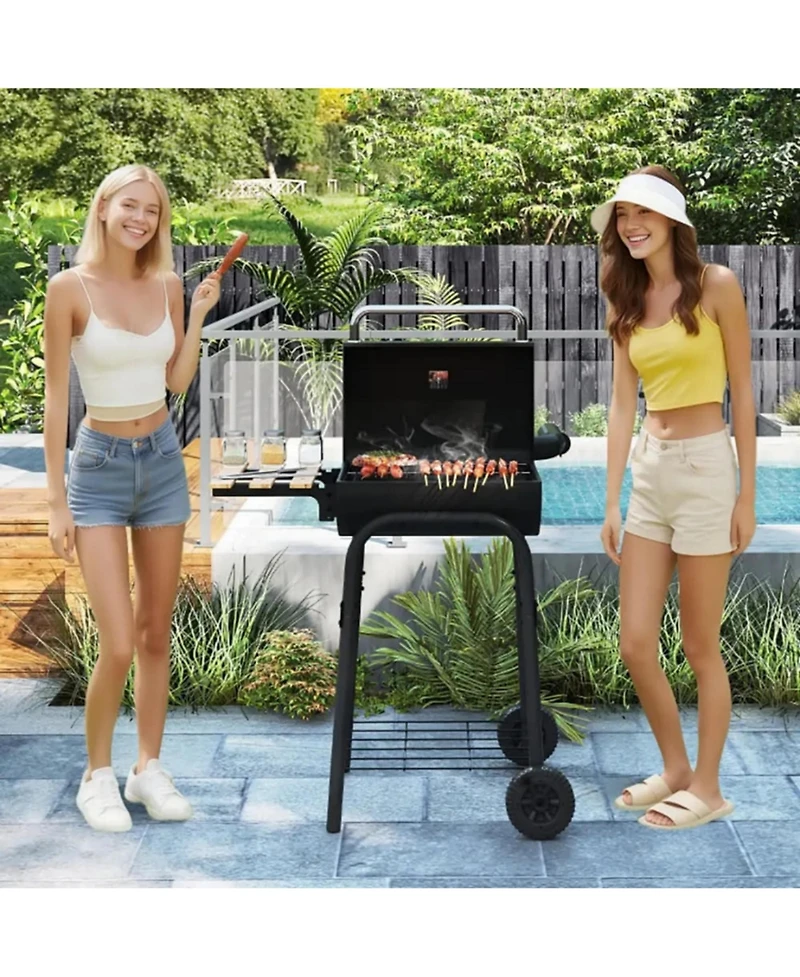 Yiortwo 24" Barrel Charcoal Grill with Thermometer, Foldable Side Table and Wheels