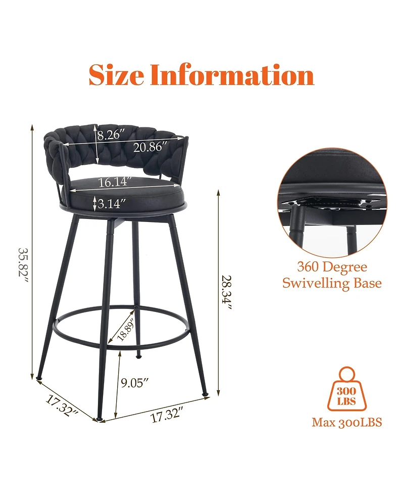 Dyhome 28 inch Bar Stools Set of 2, Modern Counter Height Stools, 360° Swivel Suede Fabric Stool Chairs with Woven Back and Footrest