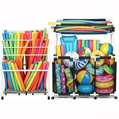 Yescom 424 Gal Pool Float Storage Bin 2 Tiers with Towel Rack Holder Set Rolling Noodles Raft Cart