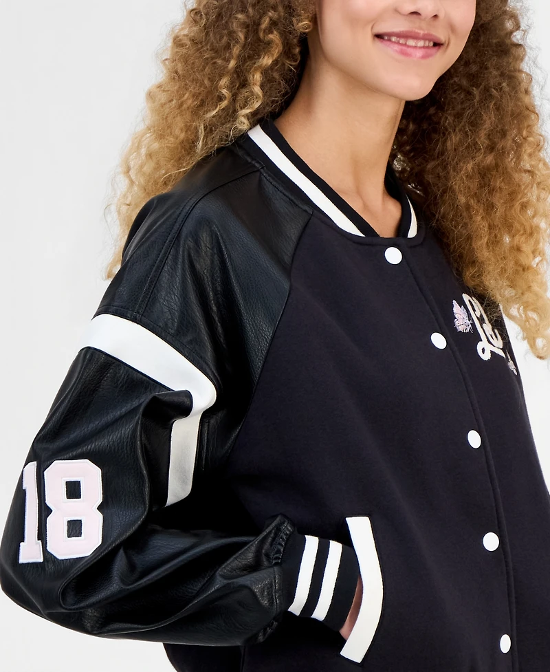 Madden Girl Juniors' Faux-Leather-Sleeve Bomber Jacket