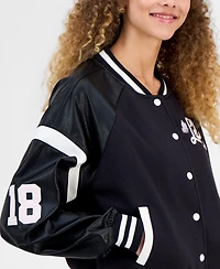 Madden Girl Juniors' Faux-Leather-Sleeve Bomber Jacket