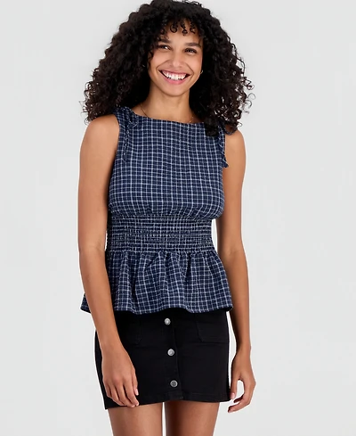 Rebellious One Juniors' Plaid Smocked-Back Tank