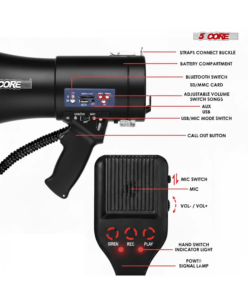 5 Core Megaphone Bullhorn 50W Speaker w Bluetooth Siren Adjustable Volume Loud Portable Pa System