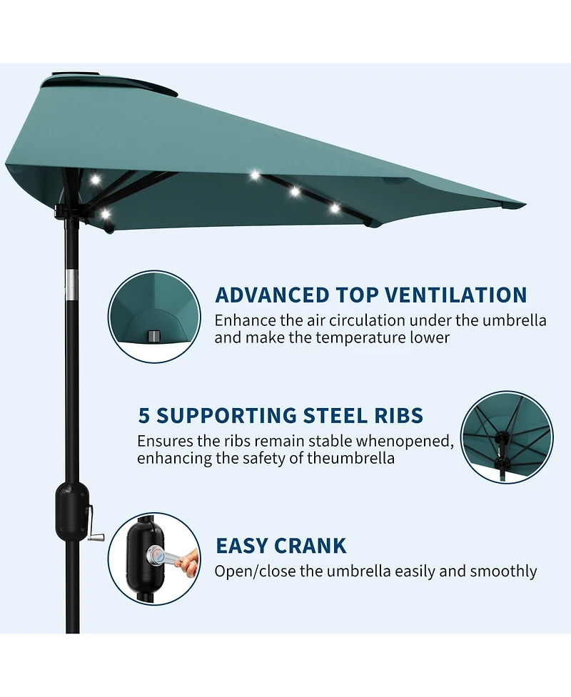 homfan 9FT Half Patio Umbrella with Led Lights, Uv Protection, Sturdy Canopy and Easy Crank for Patio, Garden, Deck, Balcony Table