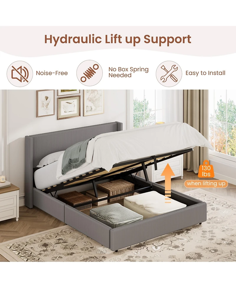 gaomon Lift Up Storage Bed Frame - Corduroy Upholstered Platform Bed with Gas Lift, Padded Headboard