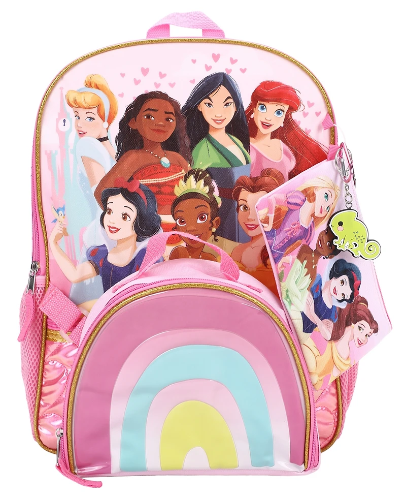 Disney Princess Girls' Backpack, Lunch Bag, Pencil Case, Key Chain and Carabiner, 5-Piece Set