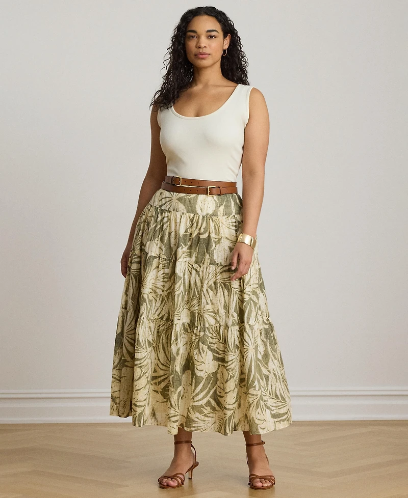 Lauren Ralph Women's Elasticized Waist Tiered A-Line Midi Skirt