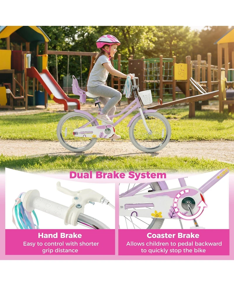 Slickblue Kids Girls Bike with Doll Carrier Seat Colorful Streamers