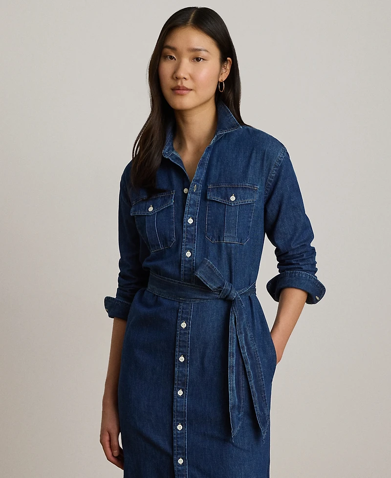 Lauren Ralph Petite Belted Collared Denim Midi Shirt Dress