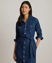 Lauren Ralph Petite Belted Collared Denim Midi Shirt Dress