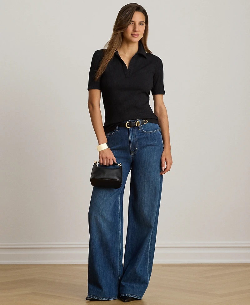 Lauren Ralph Petite Collared Rib-Knit Polo Top