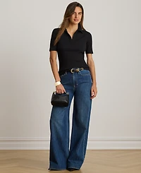 Lauren Ralph Petite Collared Rib-Knit Polo Top