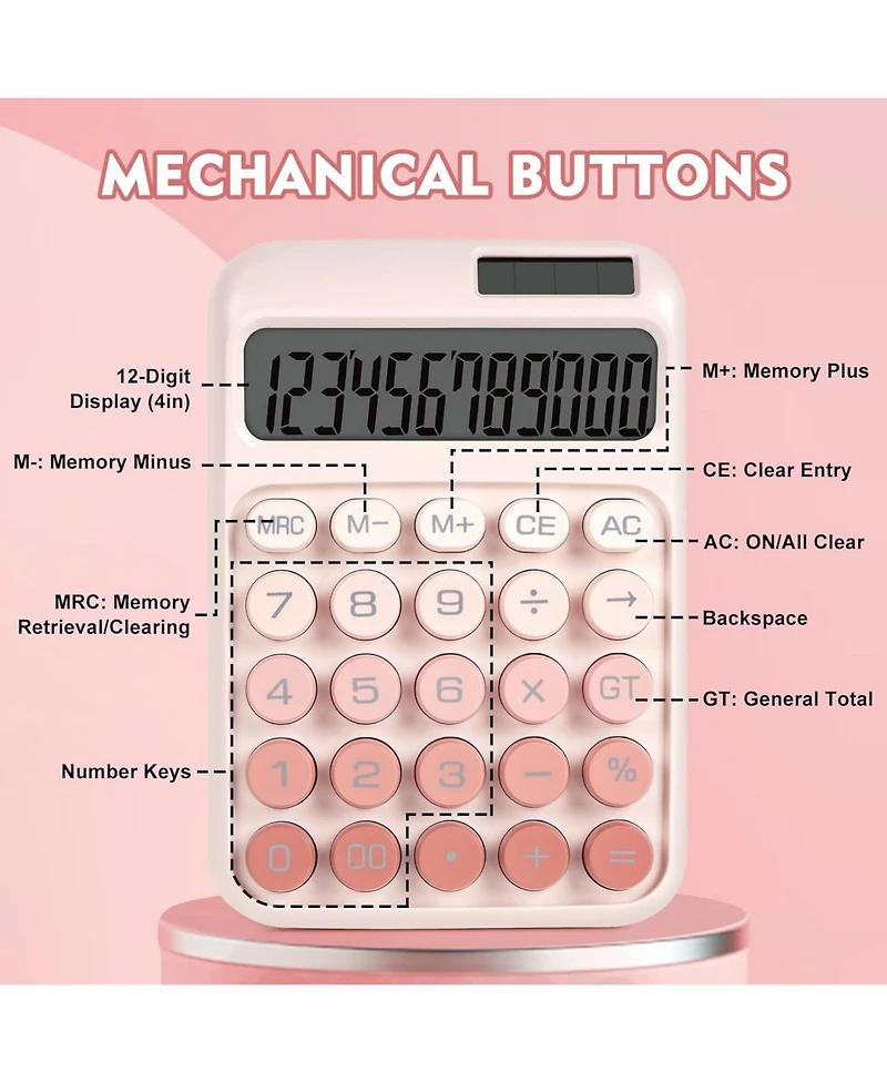 Danrong Mechanical Switch Big Button Calculator, 12 Digits Solar/Battery, Large Lcd Display Cute Pink for Teachers Students