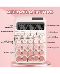 Danrong Mechanical Switch Big Button Calculator, 12 Digits Solar/Battery, Large Lcd Display Cute Pink for Teachers Students