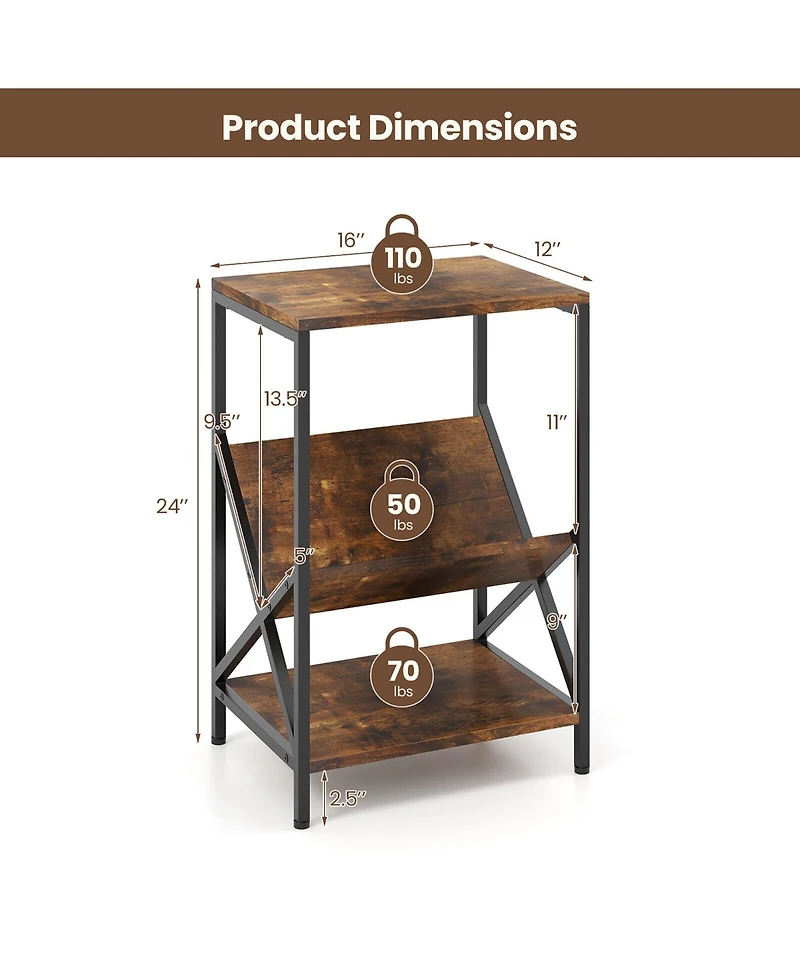 Gymax Industrial Side Table 3-Tier End Table with V-Shaped Magazine Holder Rustic