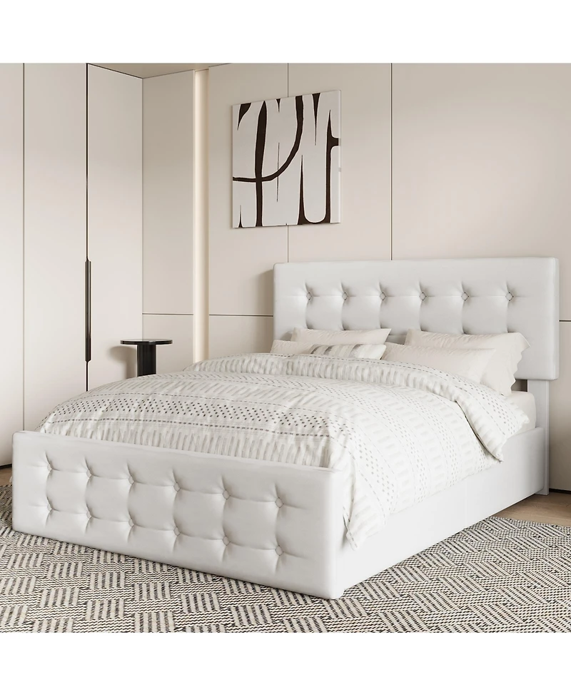 Homfan Upholstered Platform Bed Frame with 4 Storage Drawers, Button Tufted Headboard, Wooden Slats