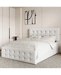 Homfan Upholstered Platform Bed Frame with 4 Storage Drawers, Button Tufted Headboard, Wooden Slats